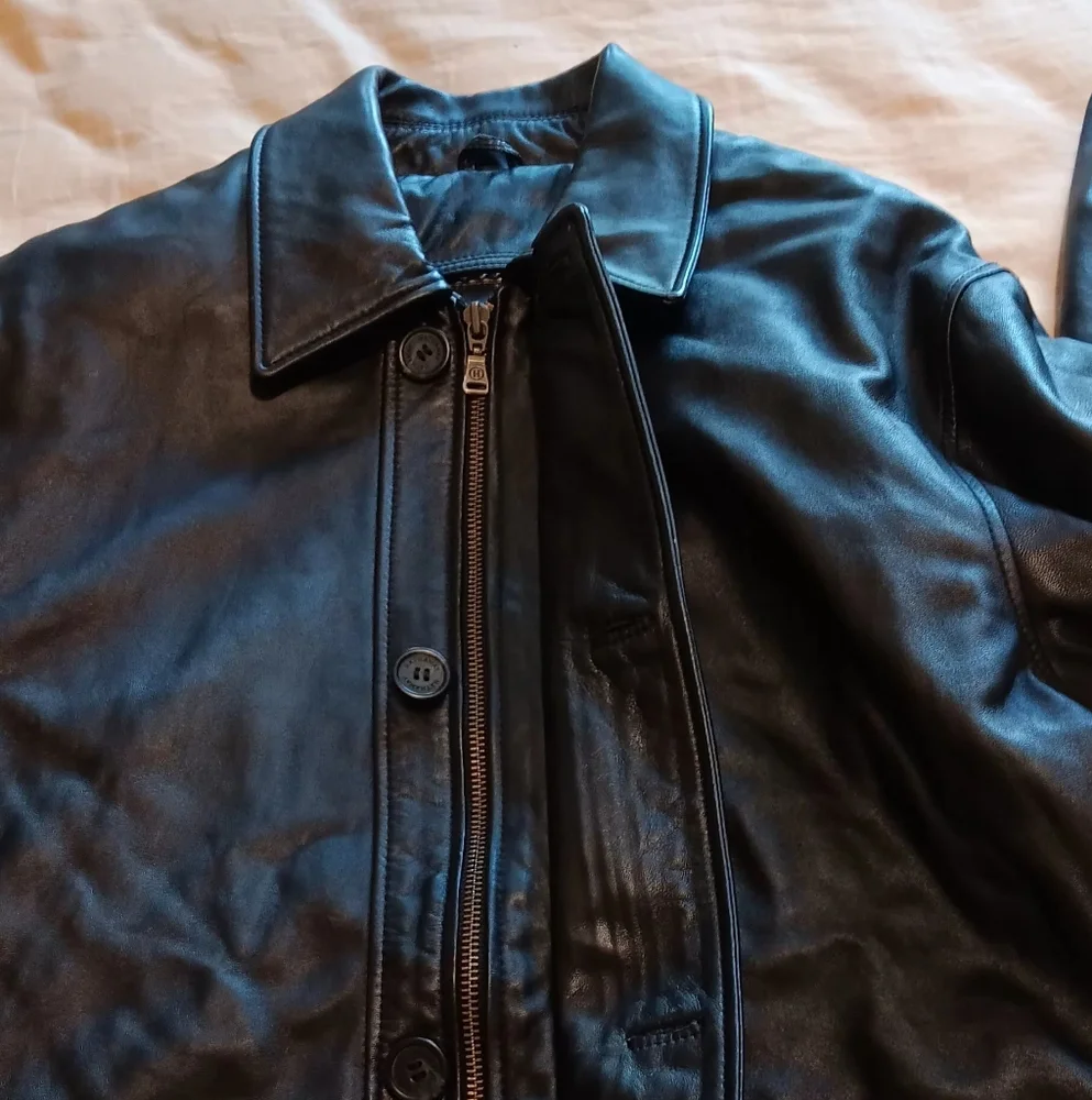 HATHAWAY‎ Men 100% Leather Jacket Coat Black SzL Vintage Zip And Button